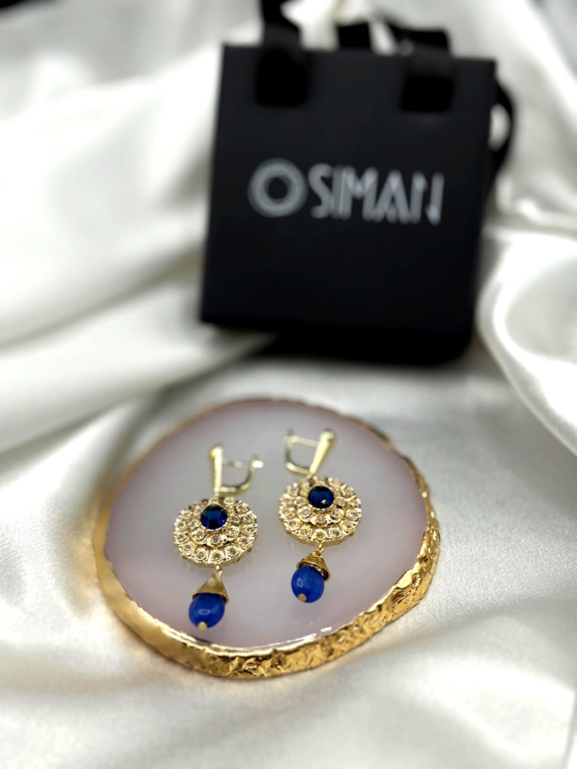 AZIZA Bleu – Moroccan Gold-Plated Blue Crystal Drop Earrings
