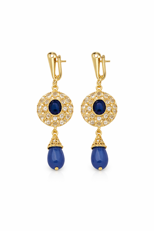 AZIZA Bleu – Moroccan Gold-Plated Blue Crystal Drop Earrings