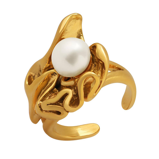 Wanderlust Pearl Halo 18K VERGULD ROESTVRIJ STALEN VINGERRING WATERDICHT
