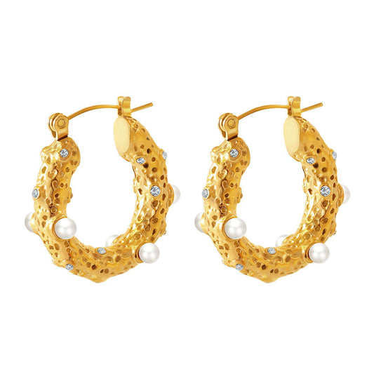 BOUCLES D'OREILLES EN ACIER INOXYDABLE PLAQUÉ OR 18 CARATS Gold Pearl Chic IMPERMÉABLES